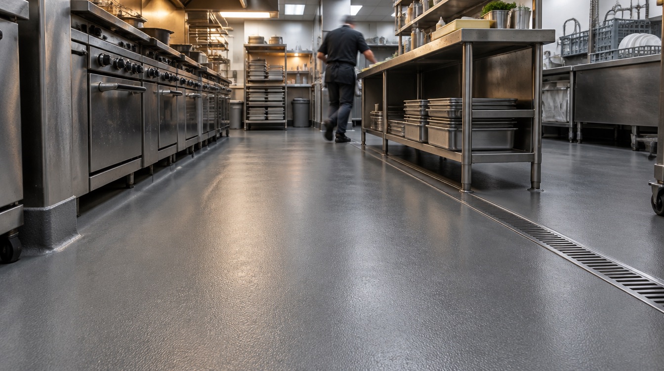 Restaurant kitchen with seamless gray flooring and a linear drain