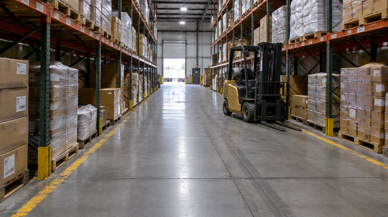 Warehouse aisle with racking, forklift and polished floor