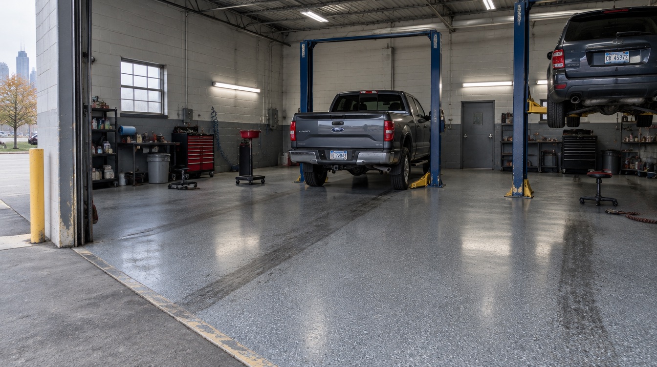 Art-directed auto service bay with lifts and coated floor